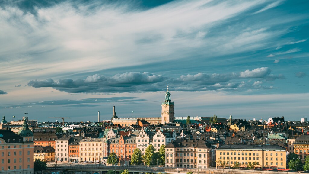 Buildings in Stockholm, Sweden, with thee bell tower in the background
