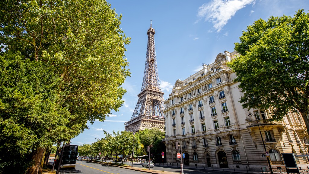 View of the Eiffel Tower and a nearby building surrounded by trees in Paris, France