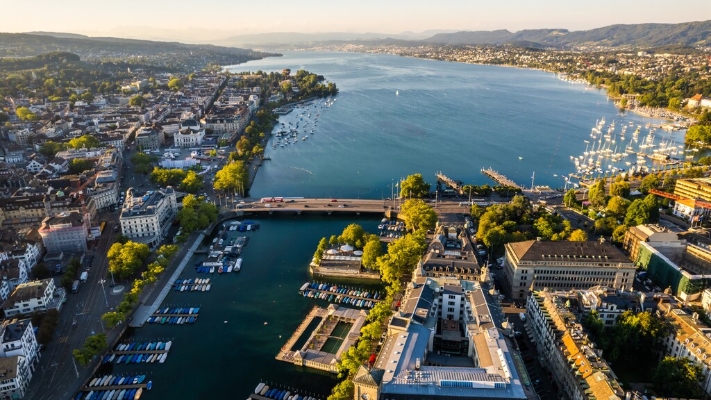 Drone image of the lake and city in Zurich, Switzerland