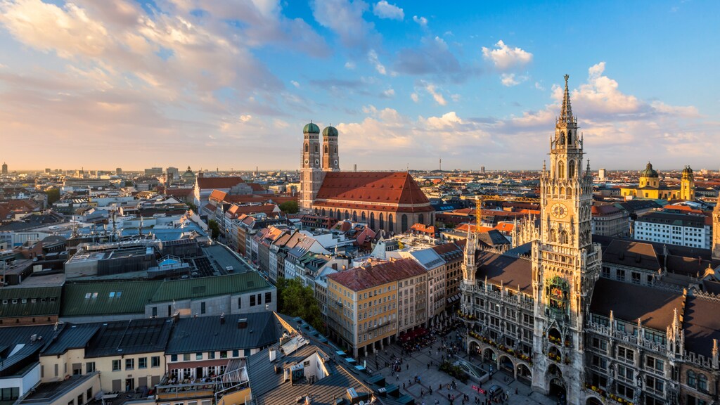 View of old buildings and the glockenspiel in Munich, Germany